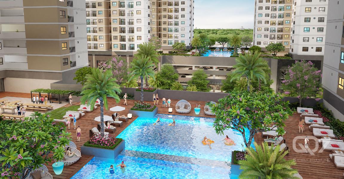 4Bán căn hộ Q7 Saigon Riverside nhìn về hồ bơi nội khu và thành phố.